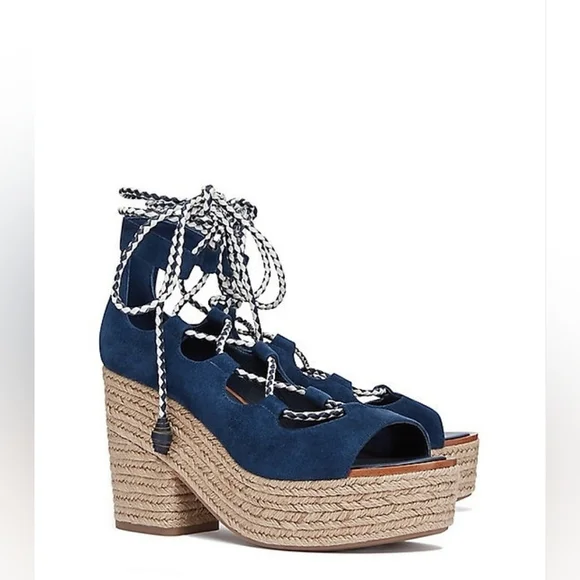 TORY BURCH Positano Suede Lace Up Platform Heel Women Sandals Size 9.5 Blue Beig - Picture 3 of 14
